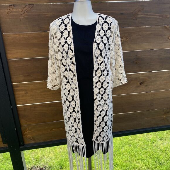 Rebellion Women's Summer Cover Up, Duster, Kimino Cream crochet open front Large - Picture 1 of 4